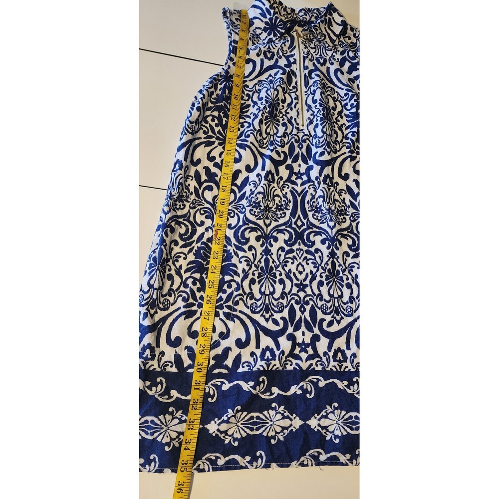 Casa Cabana Blue White Damask Linen Blend Sleeveless Quarter Zip Shift Dress S - Picture 7 of 7